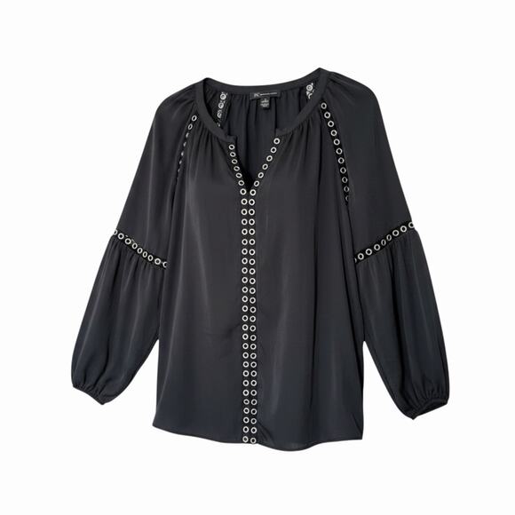 INC International Concepts Tops - INC Int Concepts Grommet-Trim Peasant Top Black Blouson Loose Fit Sz L